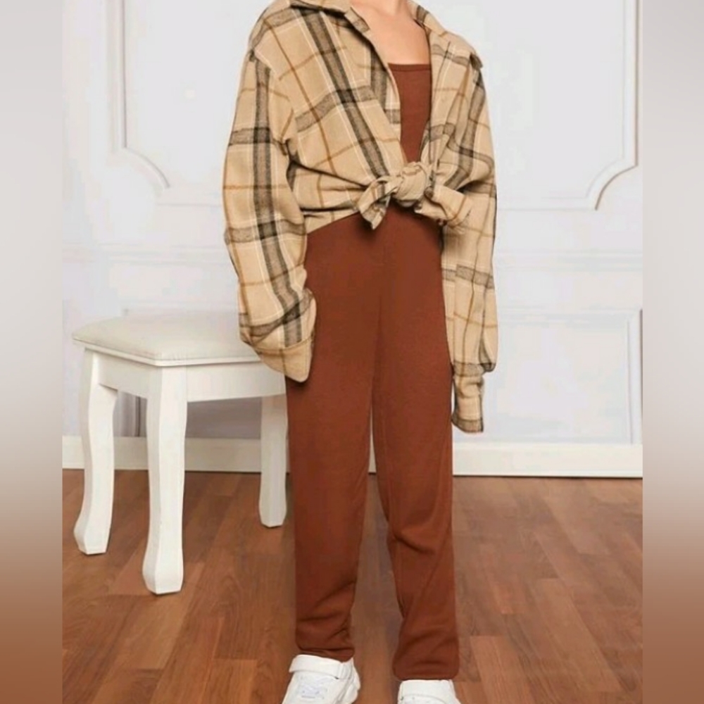 Girls jumpsuit and button shirt set